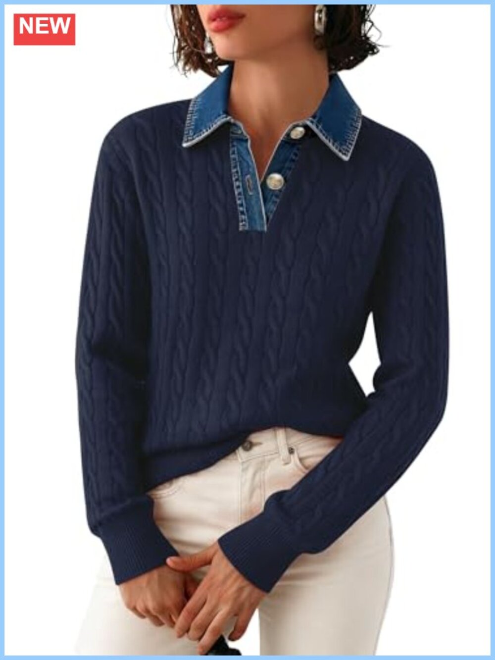 Womens Cable Knit Pullover Sweater Denim Lapel V-Neck Long Sleeve Buttons